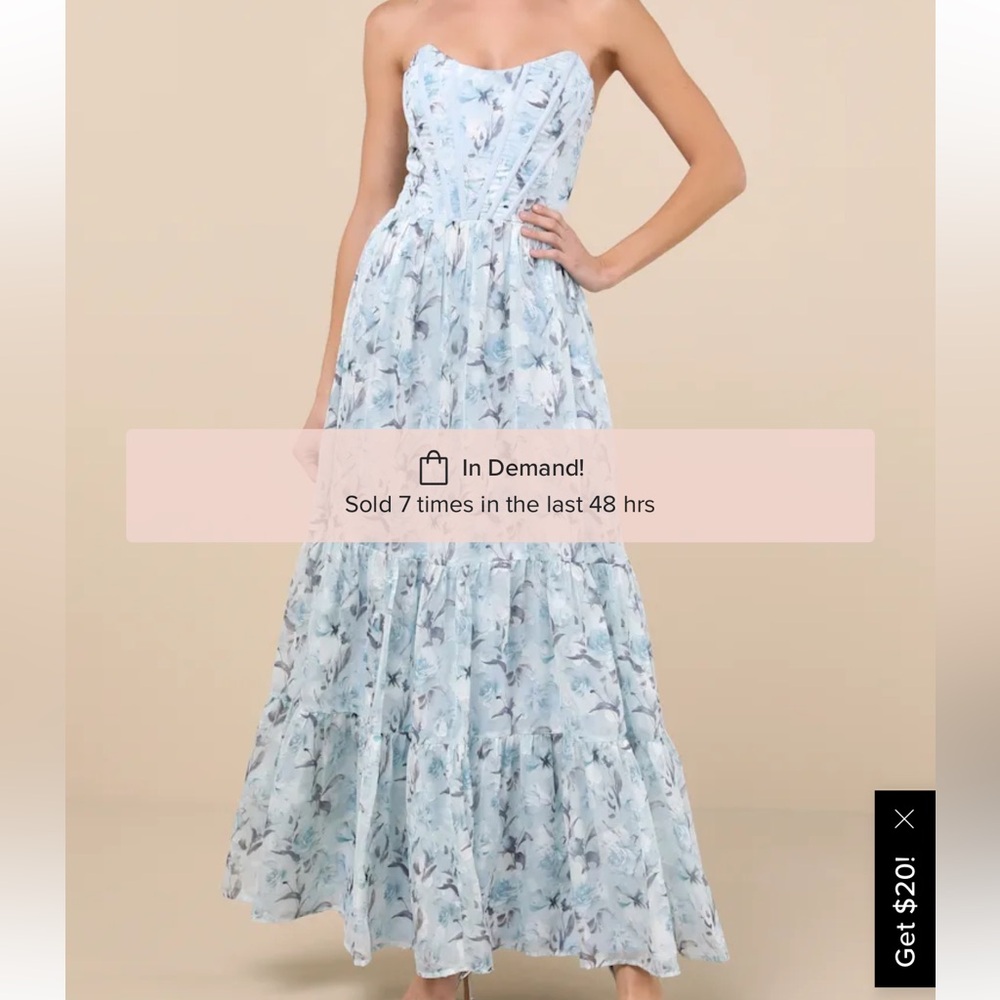Lulu's light blue foral Strapless Ruffled Maxi Dress